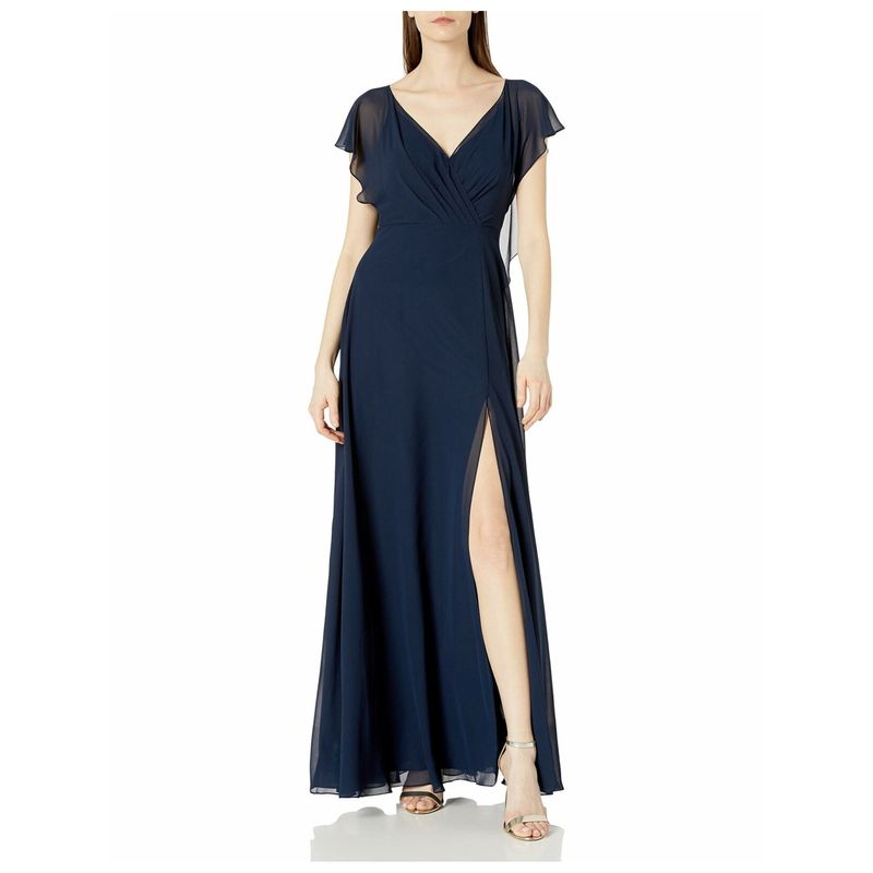 Jenny Yoo Womens Navy Flutter Sleeve Full-Length Fit + Flare Dress 4